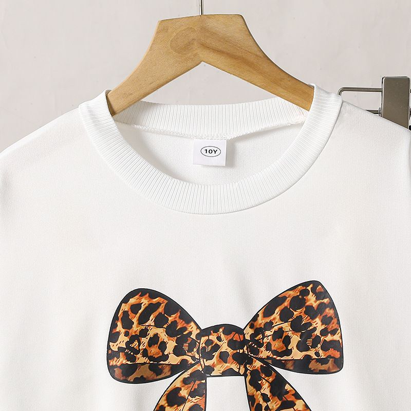 Girls Set Children's Clothing Fashion New Style Leopard Print Bow Print Long Sleeved Hoodie Wide Leg Pants 2-Piece Set