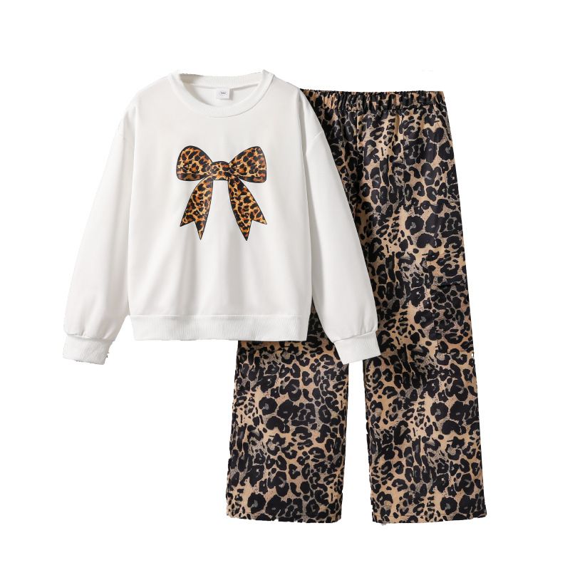 Girls Set Children's Clothing Fashion New Style Leopard Print Bow Print Long Sleeved Hoodie Wide Leg Pants 2-Piece Set
