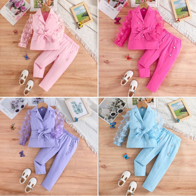 Girls Suit Children's Clothing Fashion New Style Long Sleeves Bow Tie Mesh Sleeves Suit Jacket Long Pants Two-Piece Set