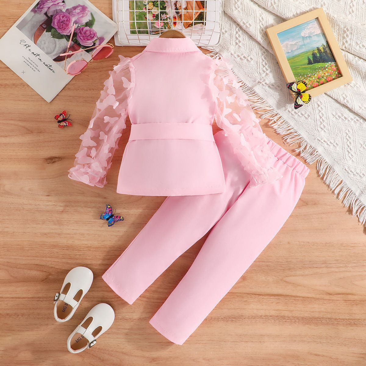 Girls Suit Children's Clothing Fashion New Style Long Sleeves Bow Tie Mesh Sleeves Suit Jacket Long Pants Two-Piece Set