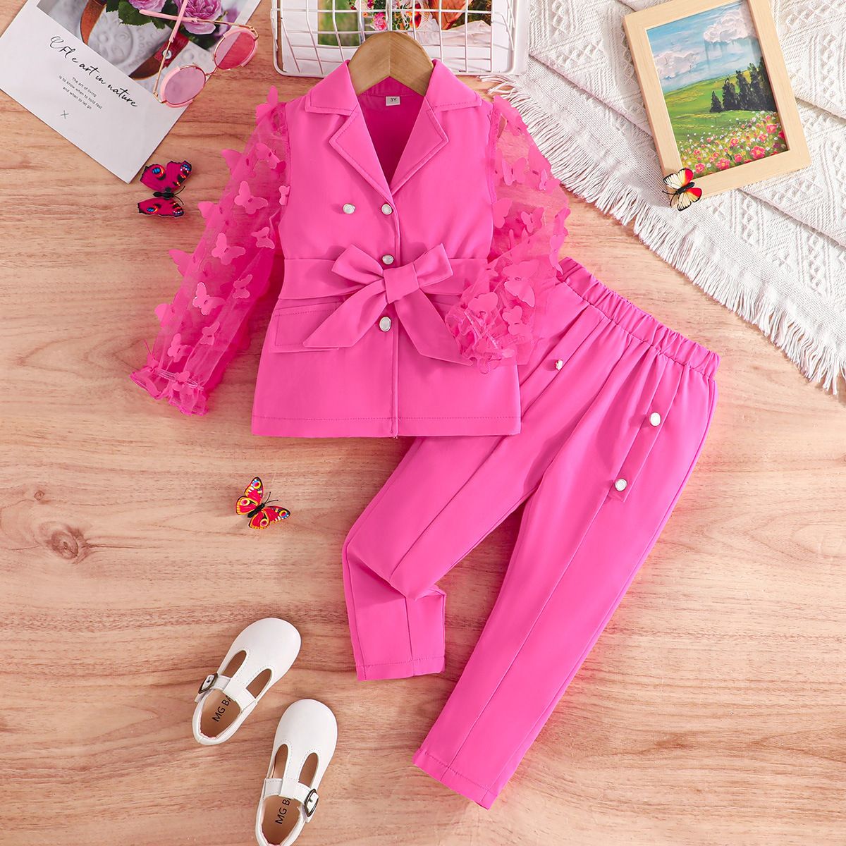 Girls Suit Children's Clothing Fashion New Style Long Sleeves Bow Tie Mesh Sleeves Suit Jacket Long Pants Two-Piece Set