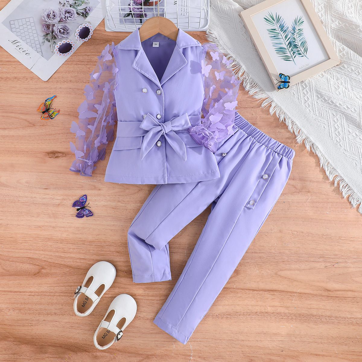 Girls Suit Children's Clothing Fashion New Style Long Sleeves Bow Tie Mesh Sleeves Suit Jacket Long Pants Two-Piece Set