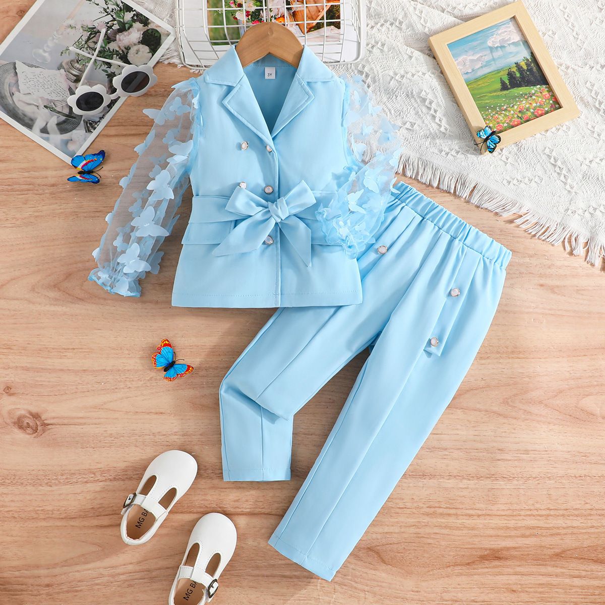 Girls Suit Children's Clothing Fashion New Style Long Sleeves Bow Tie Mesh Sleeves Suit Jacket Long Pants Two-Piece Set