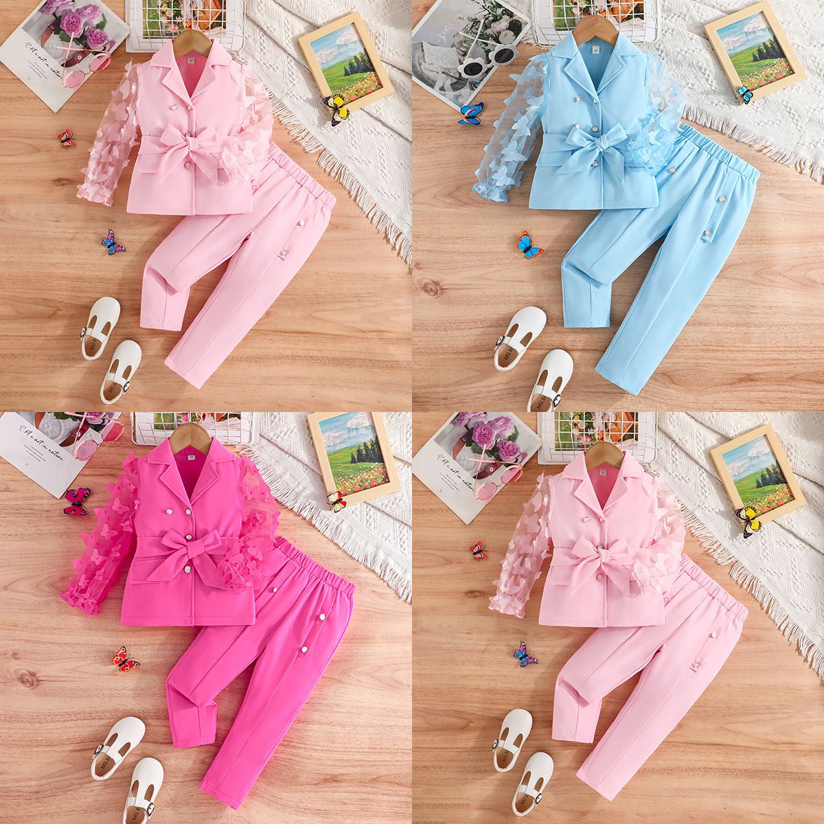 Girls Suit Children's Clothing Fashion New Style Long Sleeves Bow Tie Mesh Sleeves Suit Jacket Long Pants Two-Piece Set