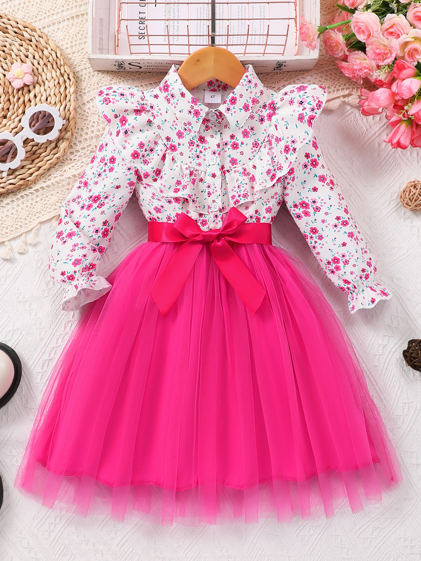 New Autumn Winter Girls Dress Long Sleeve Printed Tulle Dress with Bowknot Belt Soft Breathable Cute Comfortable Elegant Formal Outfit for 2-12 Years Old Holiday Party Formal Dress Mid-long Dresses