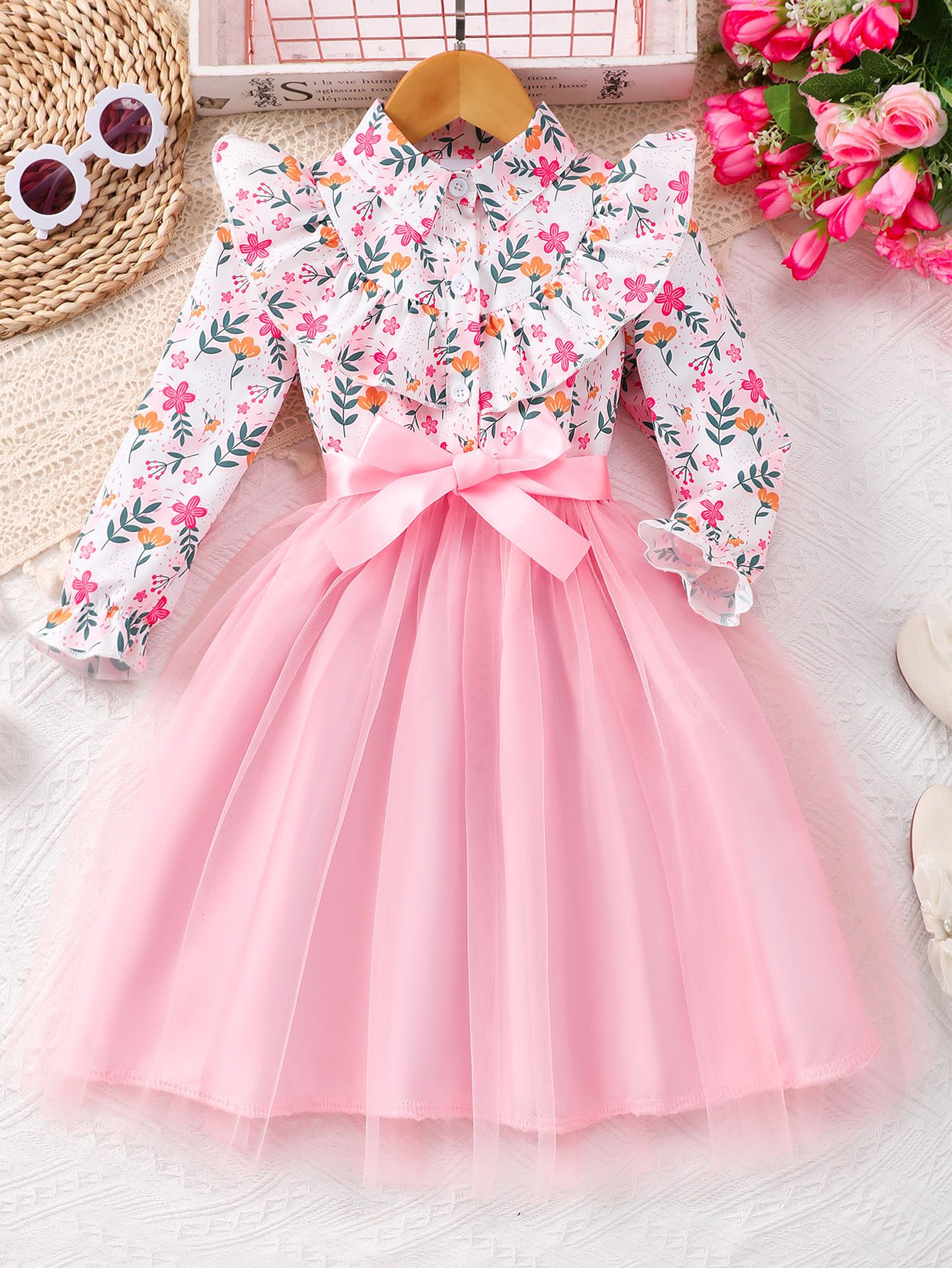 New Autumn Winter Girls Dress Long Sleeve Printed Tulle Dress with Bowknot Belt Soft Breathable Cute Comfortable Elegant Formal Outfit for 2-12 Years Old Holiday Party Formal Dress Mid-long Dresses