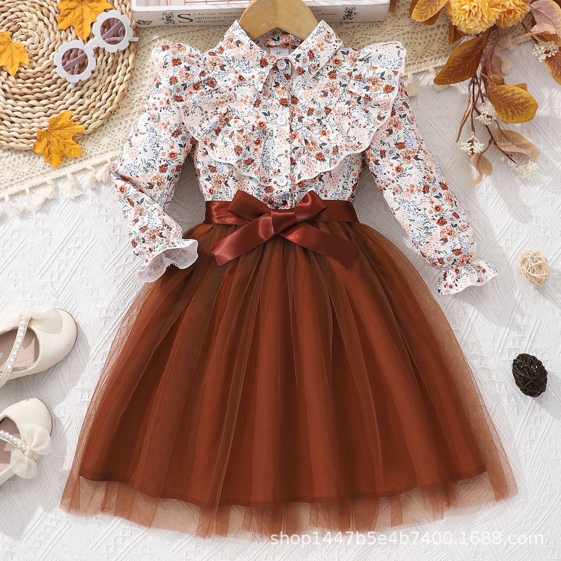 New Autumn Winter Girls Dress Long Sleeve Printed Tulle Dress with Bowknot Belt Soft Breathable Cute Comfortable Elegant Formal Outfit for 2-12 Years Old Holiday Party Formal Dress Mid-long Dresses