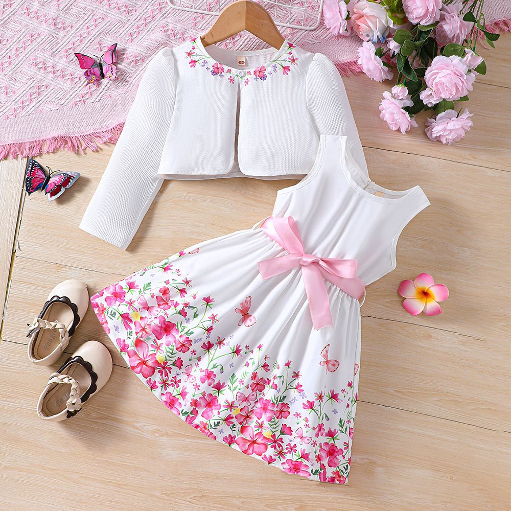 Girls Suits Children's Clothing Fashion New Styles INS Floral Pattern Butterfly Dress Long Sleeved Jacket 2-Piece Set Bow Belt Butterfly And Flower