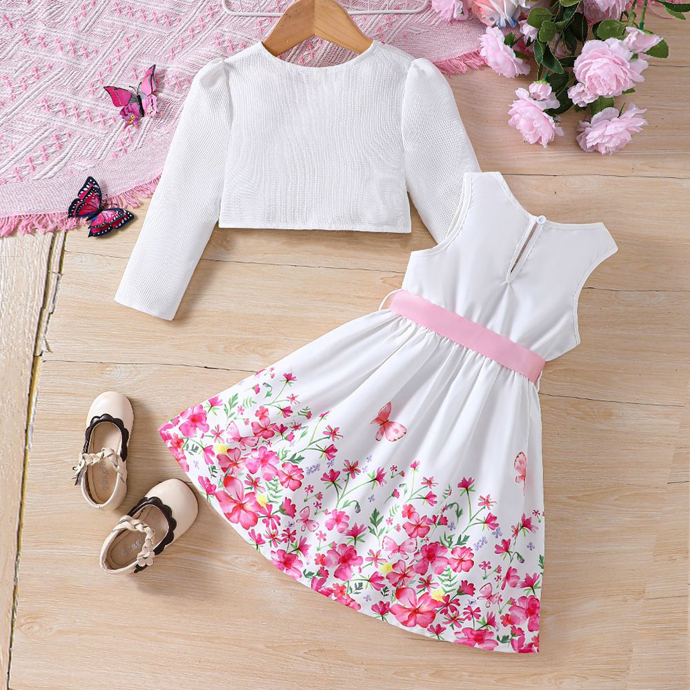 Girls Suits Children's Clothing Fashion New Styles INS Floral Pattern Butterfly Dress Long Sleeved Jacket 2-Piece Set Bow Belt Butterfly And Flower