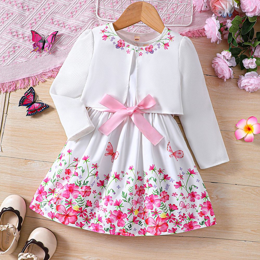 Girls Suits Children's Clothing Fashion New Styles INS Floral Pattern Butterfly Dress Long Sleeved Jacket 2-Piece Set Bow Belt Butterfly And Flower
