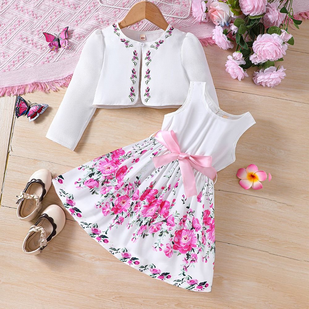 Girls Suits Children's Clothing Fashion New Styles INS Floral Pattern Butterfly Dress Long Sleeved Jacket 2-Piece Set Bow Belt Butterfly And Flower