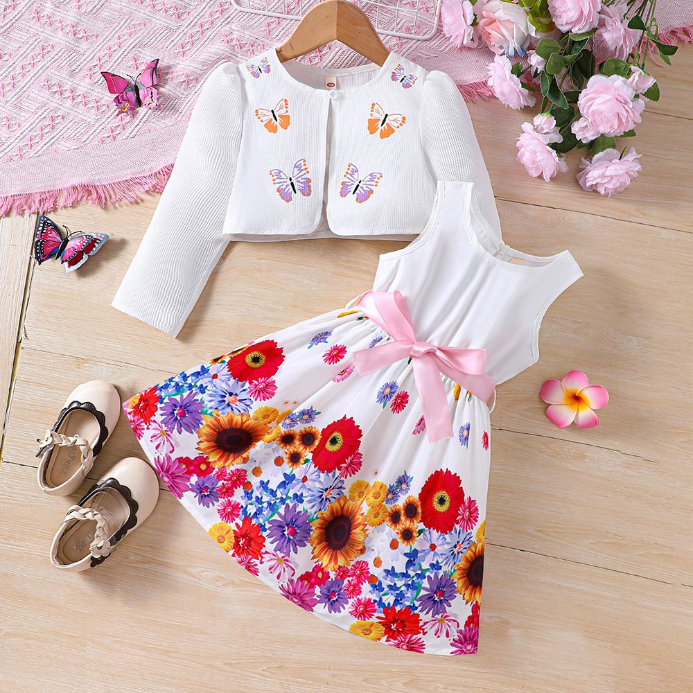 Girls Suits Children's Clothing Fashion New Styles INS Floral Pattern Butterfly Dress Long Sleeved Jacket 2-Piece Set Bow Belt Butterfly And Flower