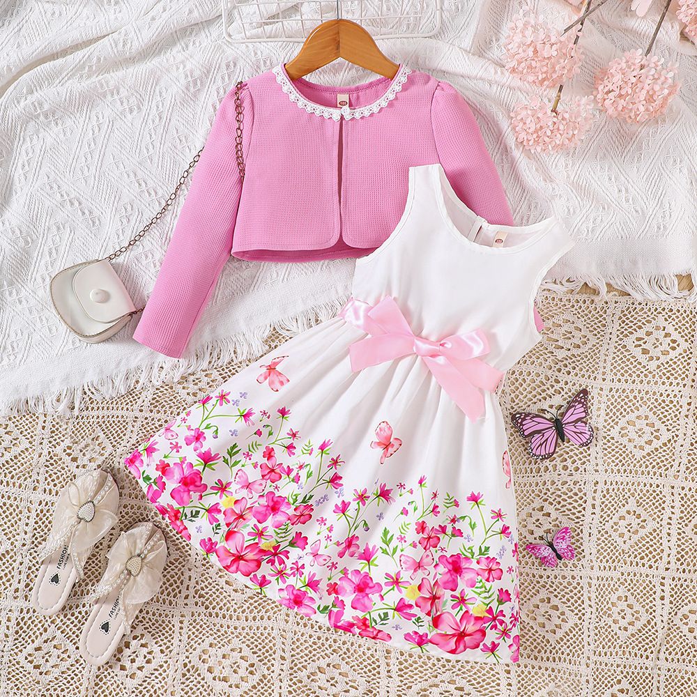 Girls Suits Children's Clothing Fashion New Styles INS Floral Pattern Butterfly Dress Long Sleeved Jacket 2-Piece Set Bow Belt Butterfly And Flower