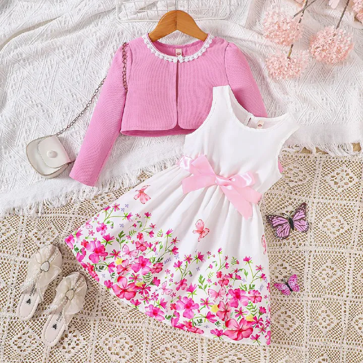 Girls Suits Children's Clothing Fashion New Styles INS Floral Pattern Butterfly Dress Long Sleeved Jacket 2-Piece Set Bow Belt Butterfly And Flower