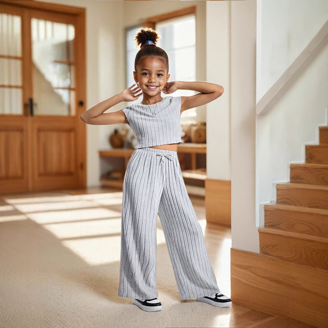 Girls Set Children's Clothing Fashion New Style Ribbed Knitting Fleece Fabric Plush Top Wide Leg Pants Set
