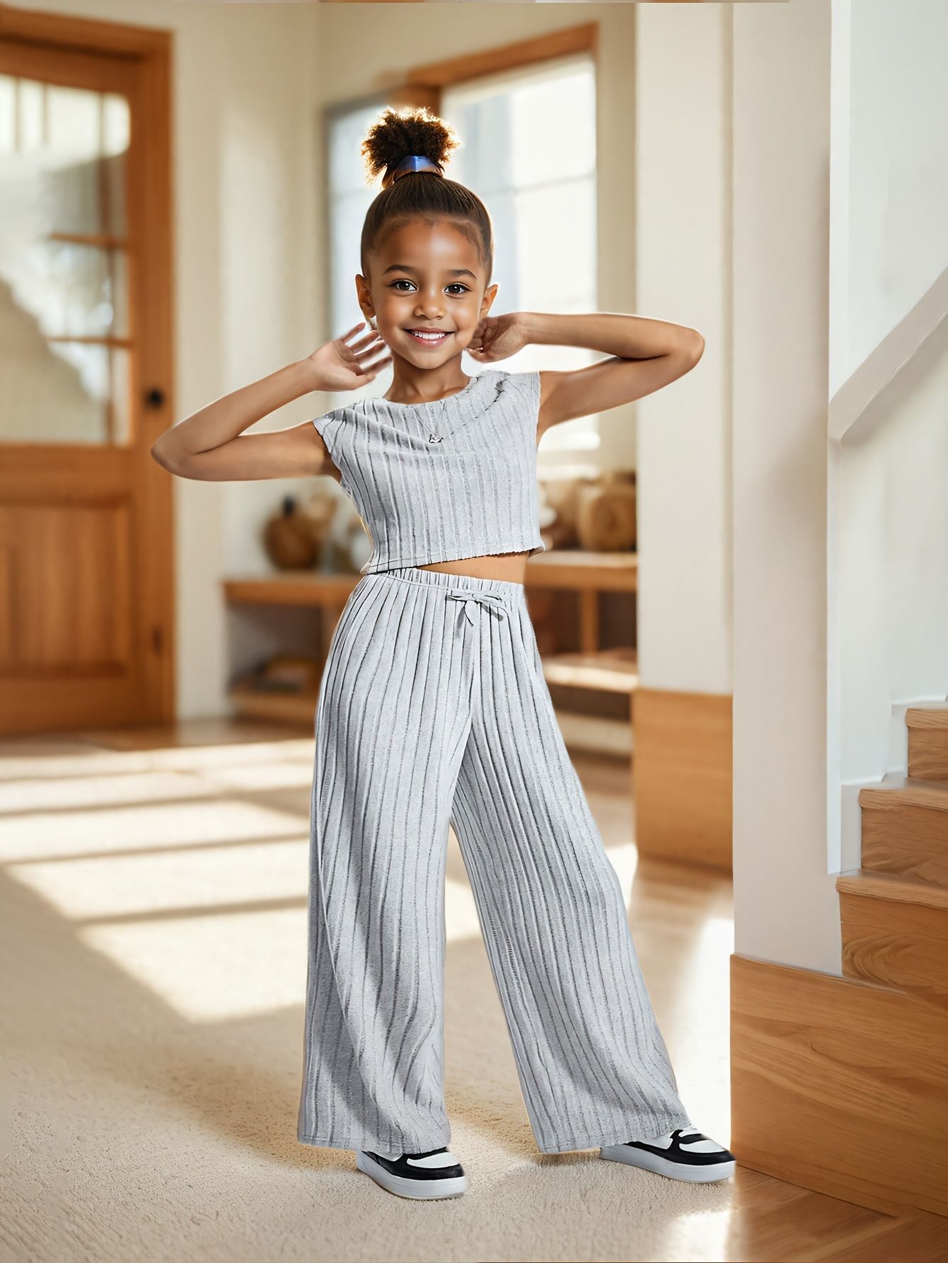 Girls Set Children's Clothing Fashion New Style Ribbed Knitting Fleece Fabric Plush Top Wide Leg Pants Set