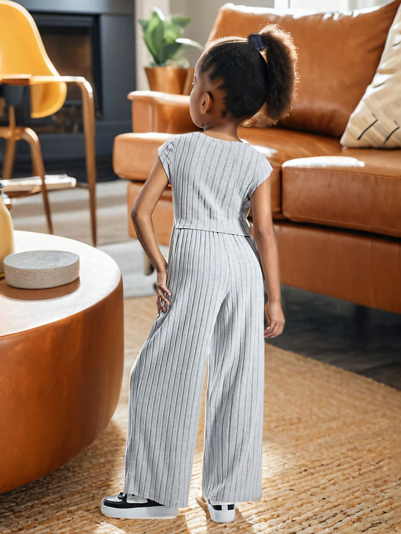 Girls Set Children's Clothing Fashion New Style Ribbed Knitting Fleece Fabric Plush Top Wide Leg Pants Set