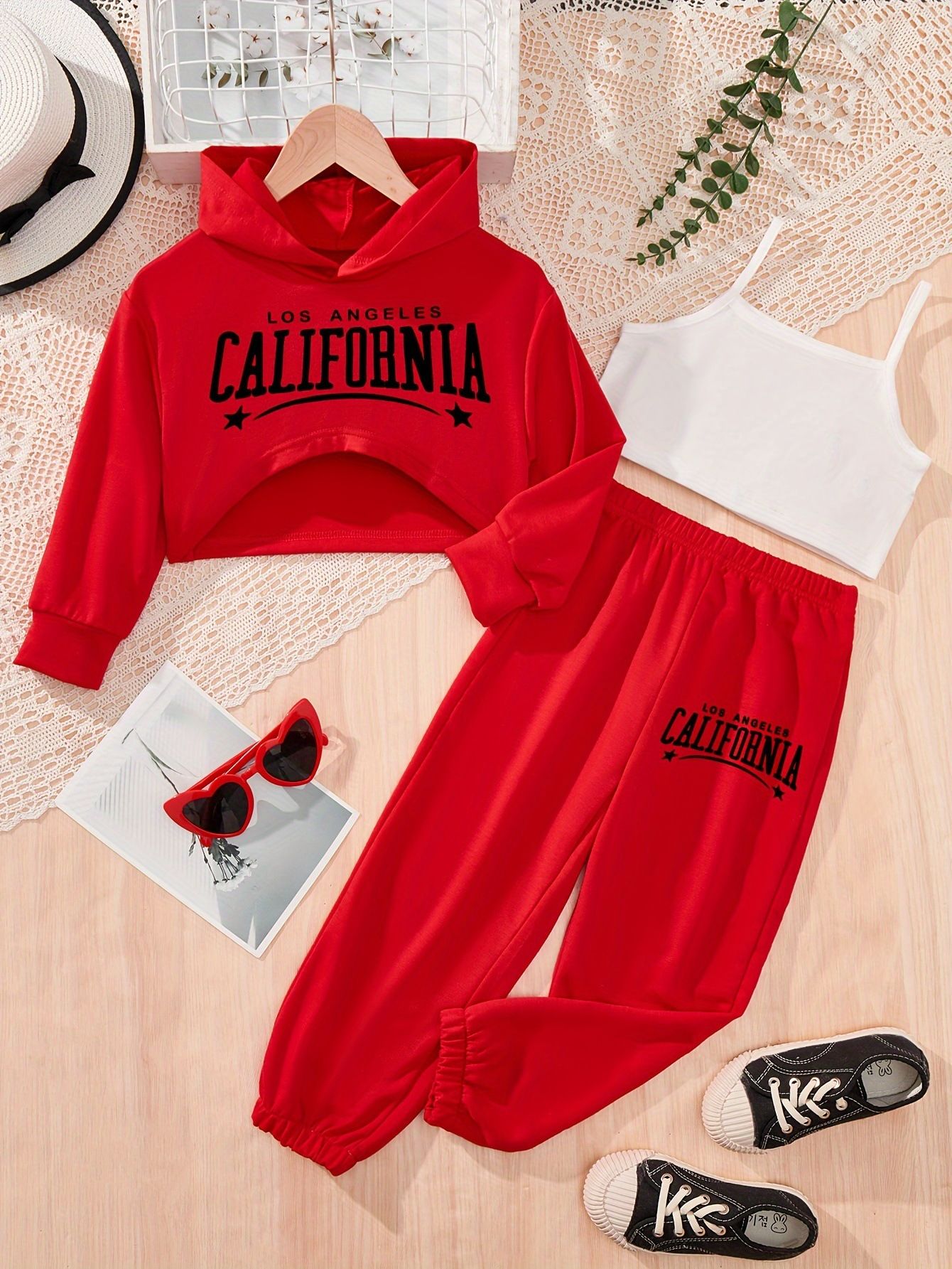 Children Girls Floral Prints Dresses Fashionable New Styles INS Hoodie Camisole Sweatpants 3-Piece Set Casual Pants Children's Set