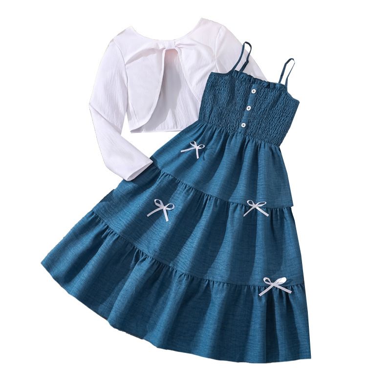 Girls Clothing Children's Clothing New Style Fashionable Casual Sweet Skirt Camisole Dress Long Sleeved Jacket Two-Piece Set 2-Piece Set Bow Print Long Sleeved Jacket