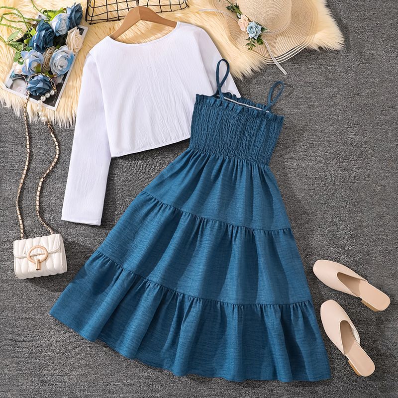 Girls Clothing Children's Clothing New Style Fashionable Casual Sweet Skirt Camisole Dress Long Sleeved Jacket Two-Piece Set 2-Piece Set Bow Print Long Sleeved Jacket