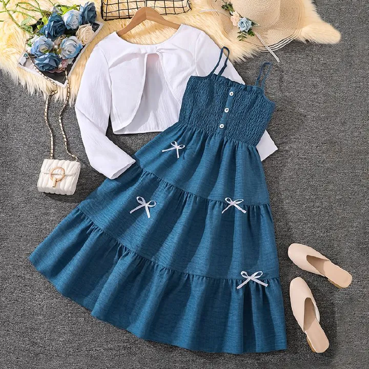 Girls Clothing Children's Clothing New Style Fashionable Casual Sweet Skirt Camisole Dress Long Sleeved Jacket Two-Piece Set 2-Piece Set Bow Print Long Sleeved Jacket