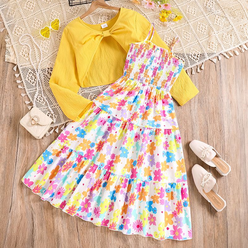 Girls Clothing Children's Clothing New Style Fashionable Casual Sweet Skirt Camisole Dress Long Sleeved Jacket Two-Piece Set 2-Piece Set Bow Print Long Sleeved Jacket