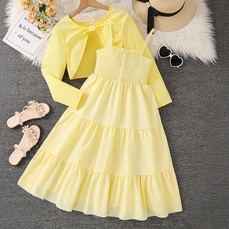 Girls Clothing Children's Clothing New Style Fashionable Casual Sweet Skirt Camisole Dress Long Sleeved Jacket Two-Piece Set 2-Piece Set Bow Print Long Sleeved Jacket