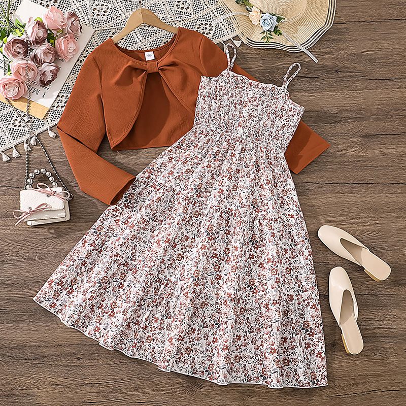 Girls Clothing Children's Clothing New Style Fashionable Casual Sweet Skirt Camisole Dress Long Sleeved Jacket Two-Piece Set 2-Piece Set Bow Print Long Sleeved Jacket