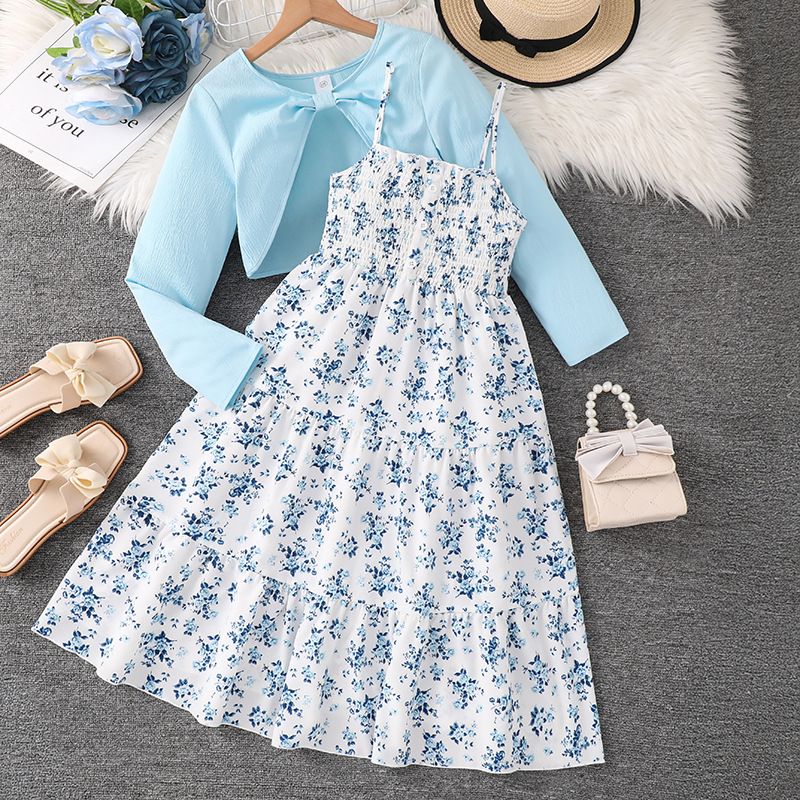 Girls Clothing Children's Clothing New Style Fashionable Casual Sweet Skirt Camisole Dress Long Sleeved Jacket Two-Piece Set 2-Piece Set Bow Print Long Sleeved Jacket
