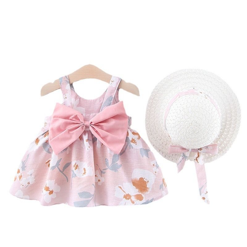 Girls' Clothing Baby Girl Vest Skirt Princess Skirt Dress Bow Floral Skirt Including Hat Set 2-Piece Set Bow Hat Round Woven Hat Fashionable New Style