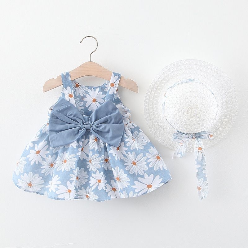 Girls' Clothing Baby Girl Vest Skirt Princess Skirt Dress Bow Floral Skirt Including Hat Set 2-Piece Set Bow Hat Round Woven Hat Fashionable New Style