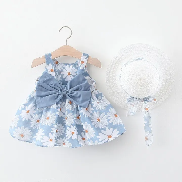 Girls' Clothing Baby Girl Vest Skirt Princess Skirt Dress Bow Floral Skirt Including Hat Set 2-Piece Set Bow Hat Round Woven Hat Fashionable New Style