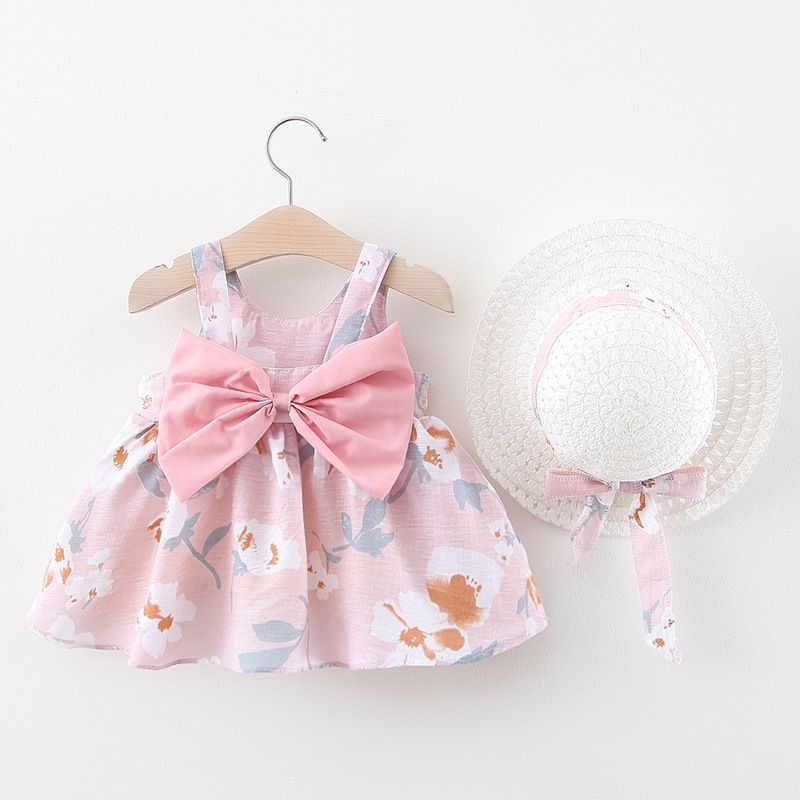 Girls' Clothing Baby Girl Vest Skirt Princess Skirt Dress Bow Floral Skirt Including Hat Set 2-Piece Set Bow Hat Round Woven Hat Fashionable New Style