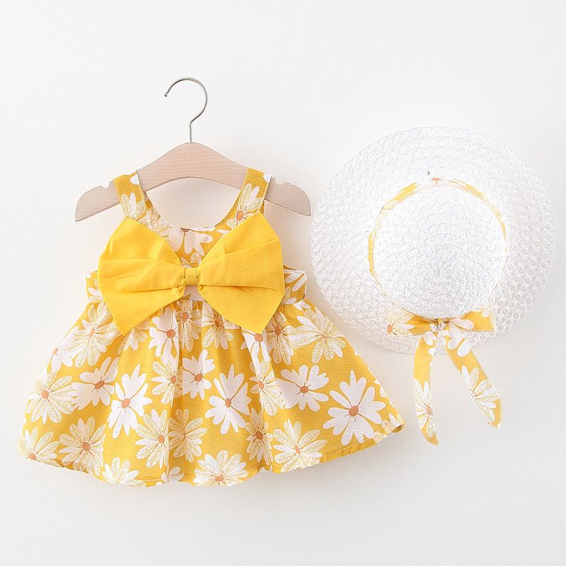 Girls' Clothing Baby Girl Vest Skirt Princess Skirt Dress Bow Floral Skirt Including Hat Set 2-Piece Set Bow Hat Round Woven Hat Fashionable New Style