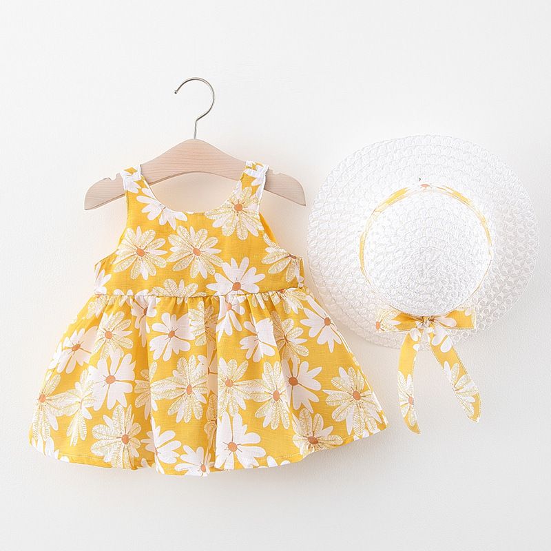 Girls' Clothing Baby Girl Vest Skirt Princess Skirt Dress Bow Floral Skirt Including Hat Set 2-Piece Set Bow Hat Round Woven Hat Fashionable New Style