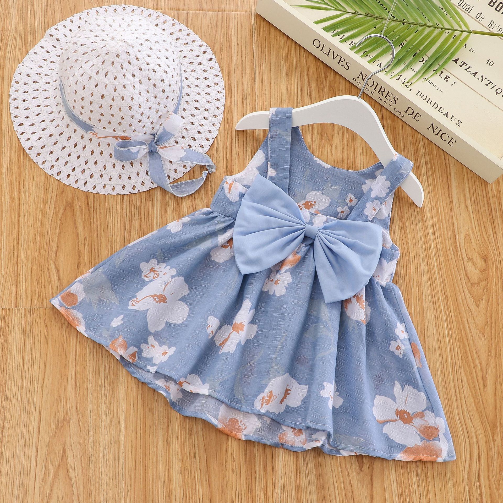 Girls' Clothing Baby Girl Vest Skirt Princess Skirt Dress Bow Floral Skirt Including Hat Set 2-Piece Set Bow Hat Round Woven Hat Fashionable New Style