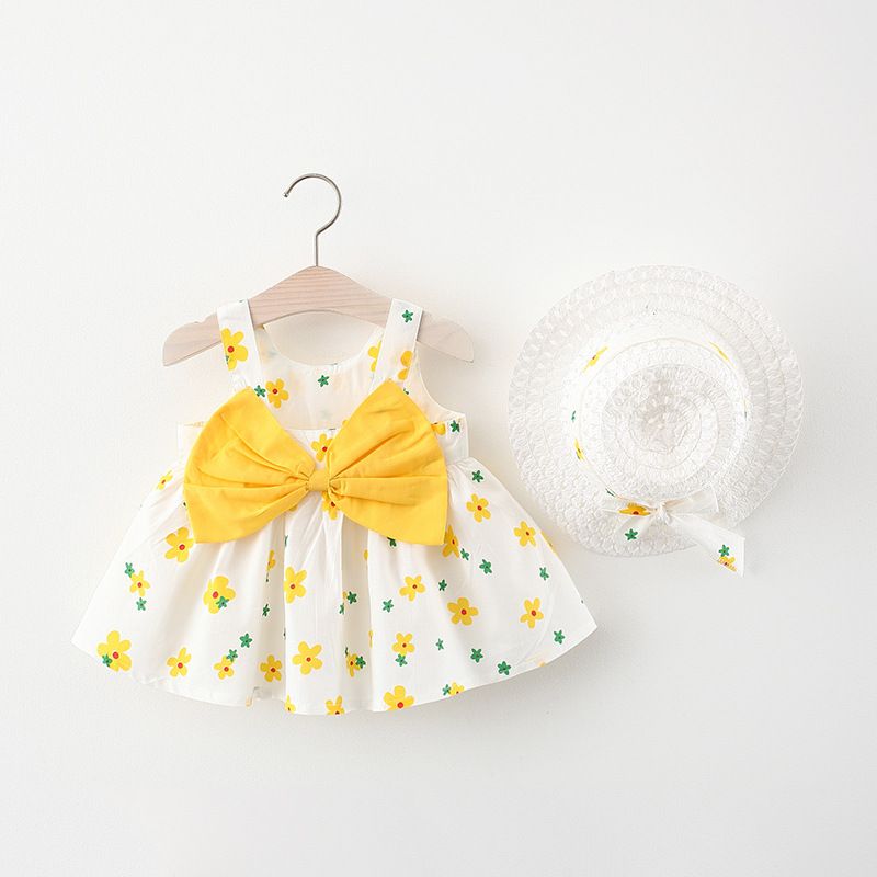 Girls' Clothing Baby Girl Vest Skirt Princess Skirt Dress Bow Floral Skirt Including Hat Set 2-Piece Set Bow Hat Round Woven Hat Fashionable New Style