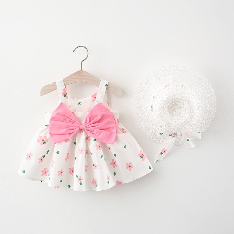 Girls' Clothing Baby Girl Vest Skirt Princess Skirt Dress Bow Floral Skirt Including Hat Set 2-Piece Set Bow Hat Round Woven Hat Fashionable New Style