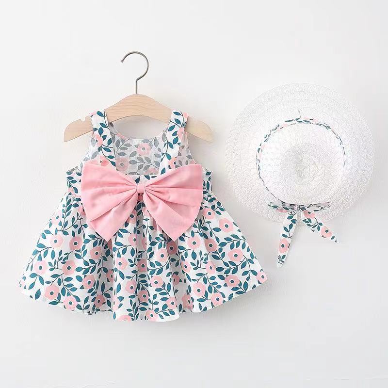 Girls' Clothing Baby Girl Vest Skirt Princess Skirt Dress Bow Floral Skirt Including Hat Set 2-Piece Set Bow Hat Round Woven Hat Fashionable New Style