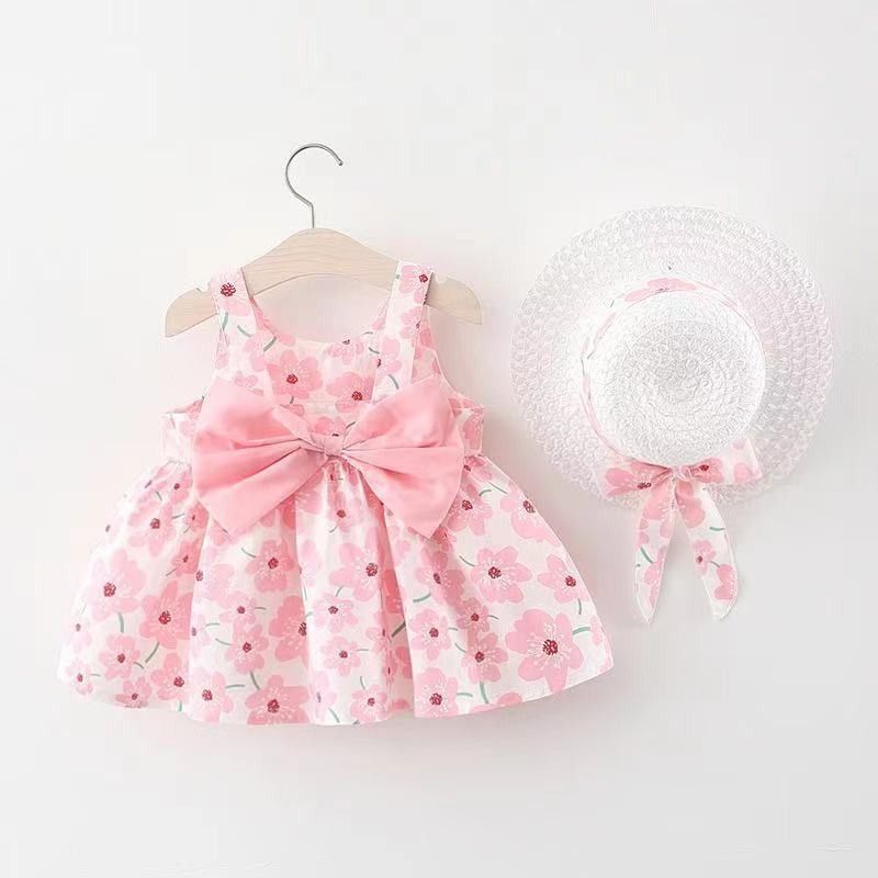 Girls' Clothing Baby Girl Vest Skirt Princess Skirt Dress Bow Floral Skirt Including Hat Set 2-Piece Set Bow Hat Round Woven Hat Fashionable New Style