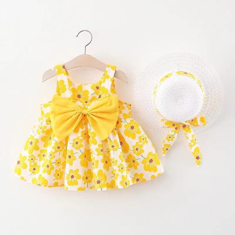 Girls' Clothing Baby Girl Vest Skirt Princess Skirt Dress Bow Floral Skirt Including Hat Set 2-Piece Set Bow Hat Round Woven Hat Fashionable New Style