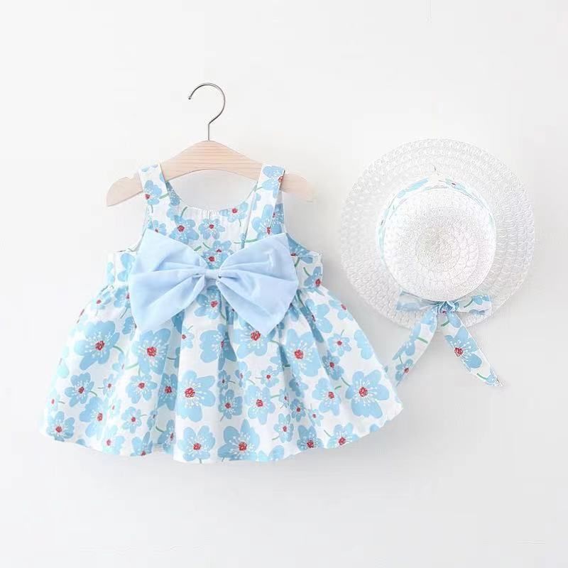Girls' Clothing Baby Girl Vest Skirt Princess Skirt Dress Bow Floral Skirt Including Hat Set 2-Piece Set Bow Hat Round Woven Hat Fashionable New Style