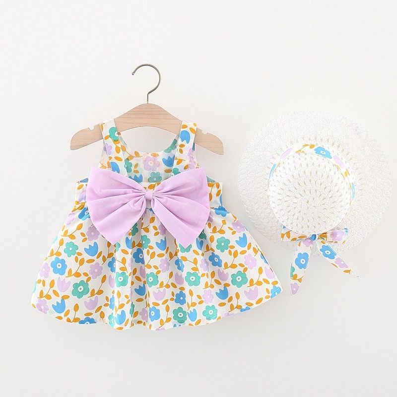 Girls' Clothing Baby Girl Vest Skirt Princess Skirt Dress Bow Floral Skirt Including Hat Set 2-Piece Set Bow Hat Round Woven Hat Fashionable New Style