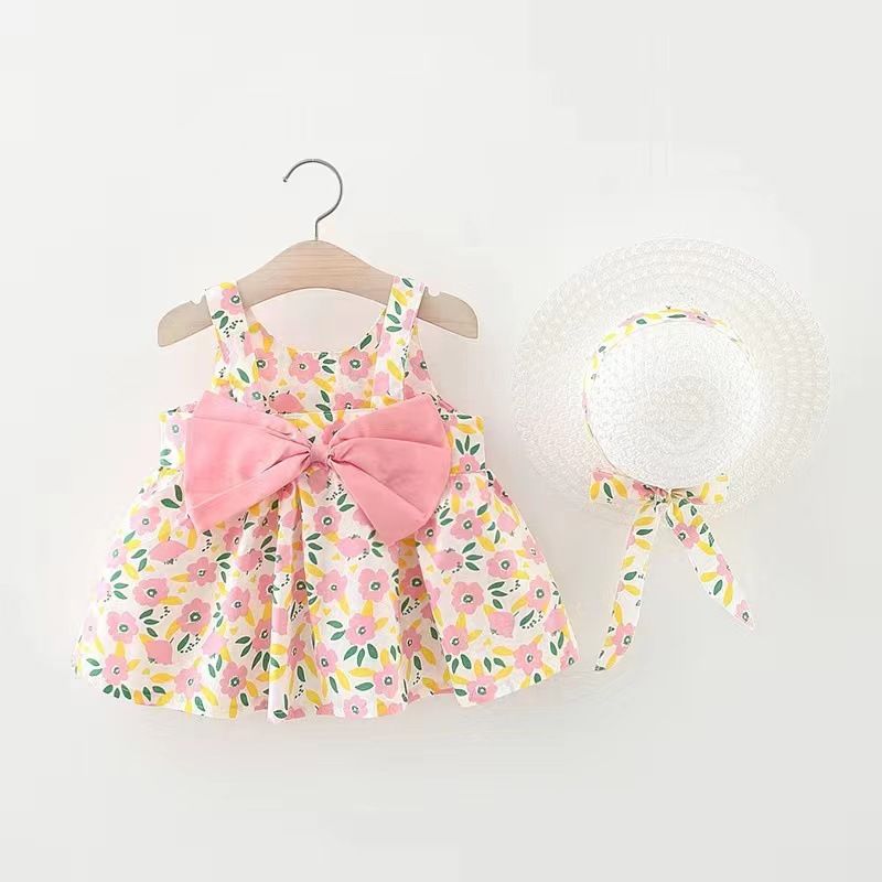 Girls' Clothing Baby Girl Vest Skirt Princess Skirt Dress Bow Floral Skirt Including Hat Set 2-Piece Set Bow Hat Round Woven Hat Fashionable New Style