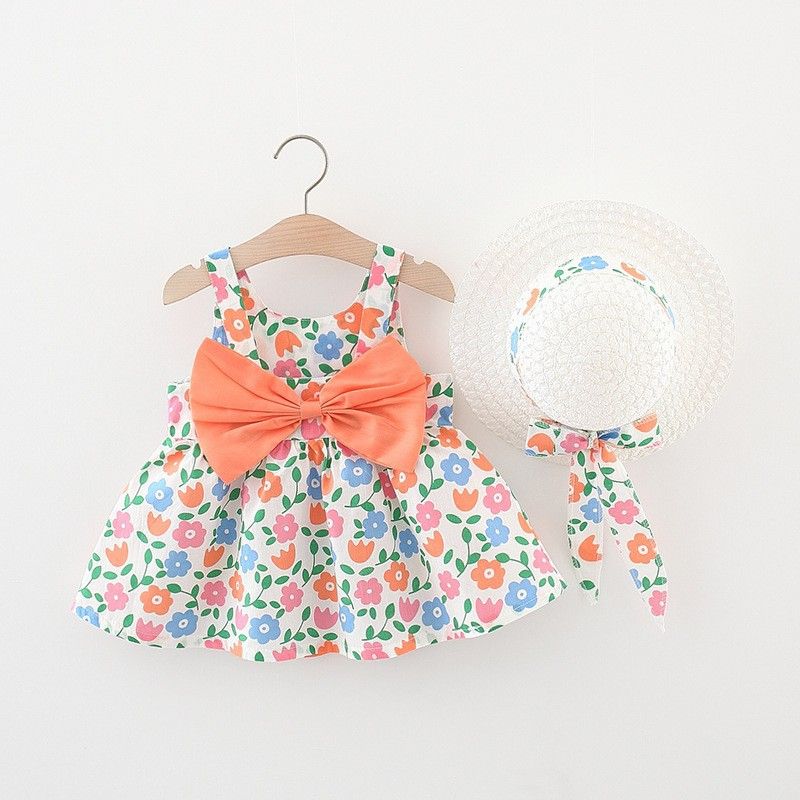 Girls' Clothing Baby Girl Vest Skirt Princess Skirt Dress Bow Floral Skirt Including Hat Set 2-Piece Set Bow Hat Round Woven Hat Fashionable New Style