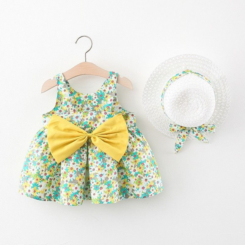 Girls' Clothing Baby Girl Vest Skirt Princess Skirt Dress Bow Floral Skirt Including Hat Set 2-Piece Set Bow Hat Round Woven Hat Fashionable New Style