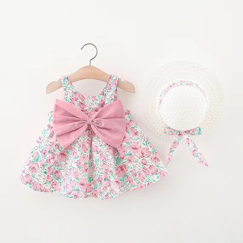 Girls' Clothing Baby Girl Vest Skirt Princess Skirt Dress Bow Floral Skirt Including Hat Set 2-Piece Set Bow Hat Round Woven Hat Fashionable New Style