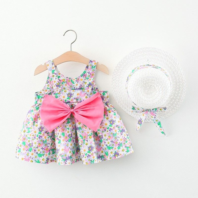 Girls' Clothing Baby Girl Vest Skirt Princess Skirt Dress Bow Floral Skirt Including Hat Set 2-Piece Set Bow Hat Round Woven Hat Fashionable New Style