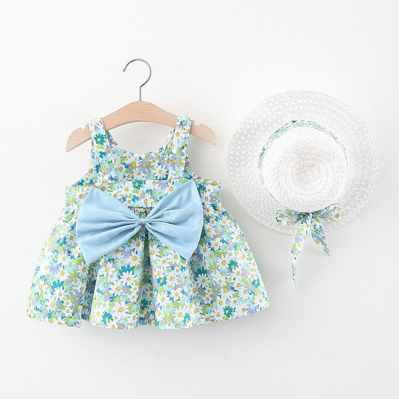 Girls' Clothing Baby Girl Vest Skirt Princess Skirt Dress Bow Floral Skirt Including Hat Set 2-Piece Set Bow Hat Round Woven Hat Fashionable New Style