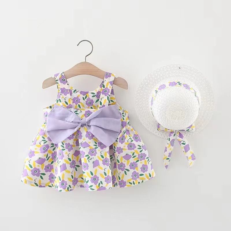 Girls' Clothing Baby Girl Vest Skirt Princess Skirt Dress Bow Floral Skirt Including Hat Set 2-Piece Set Bow Hat Round Woven Hat Fashionable New Style